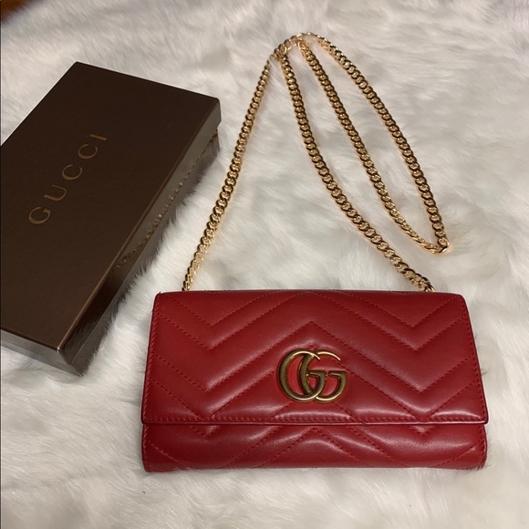Gucci Handbags - Gucci GG Marmont Red Leather Wallet on Chain